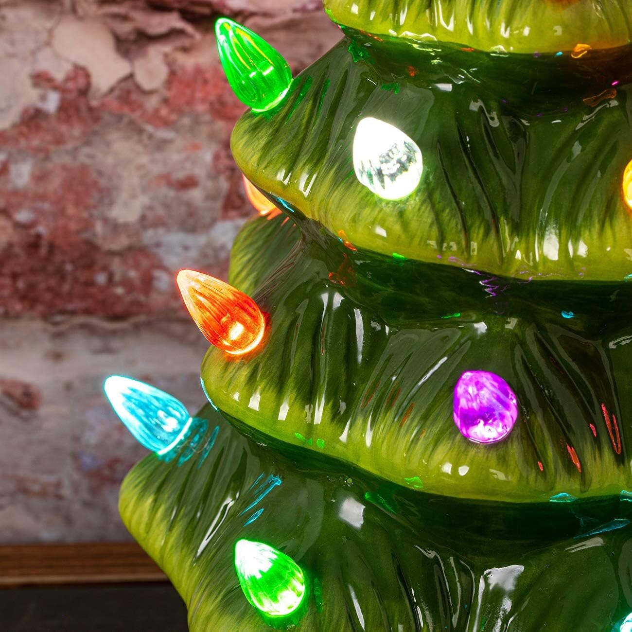 11&#x22; Ceramic Christmas Tree Tabletop Christmas Tree Lights with 28 Multicolored Lights and 1 Star Toppers for Table Top Desk Classic Series Christmas Decoration (Green) (Green)
