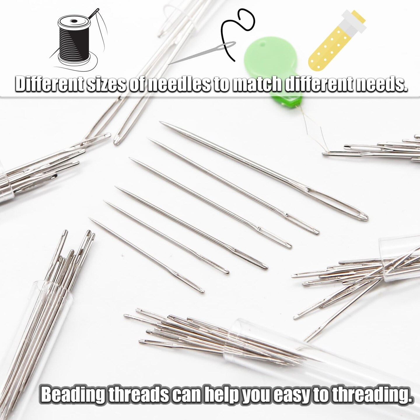 LET&#x2019;S Beading Large Eye Sewing Needles 6 Sizes Leather Needles Embroidery Thread Needle Sharp Needles Yarn Embroidery Needle with Threader and Needle Bottle for Hand Embroidery DIY Crafting (60Pcs)