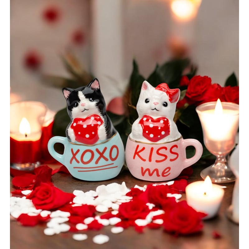 Ceramic Valentine Teacup Cat Salt And Pepper Shakers Cat Lovers Gift Valentines Day Decor