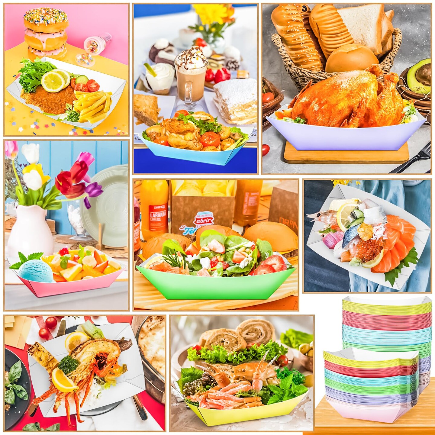 MotBach 100 Pack 3 LB Colorful Paper Food Boat Trays Disposable Paper Boats, Food Boats Colored Paper Food Serving Boat Tray Basket for Snack Burger BBQ Popcorn Taco Fries Carnival Festival Nacho
