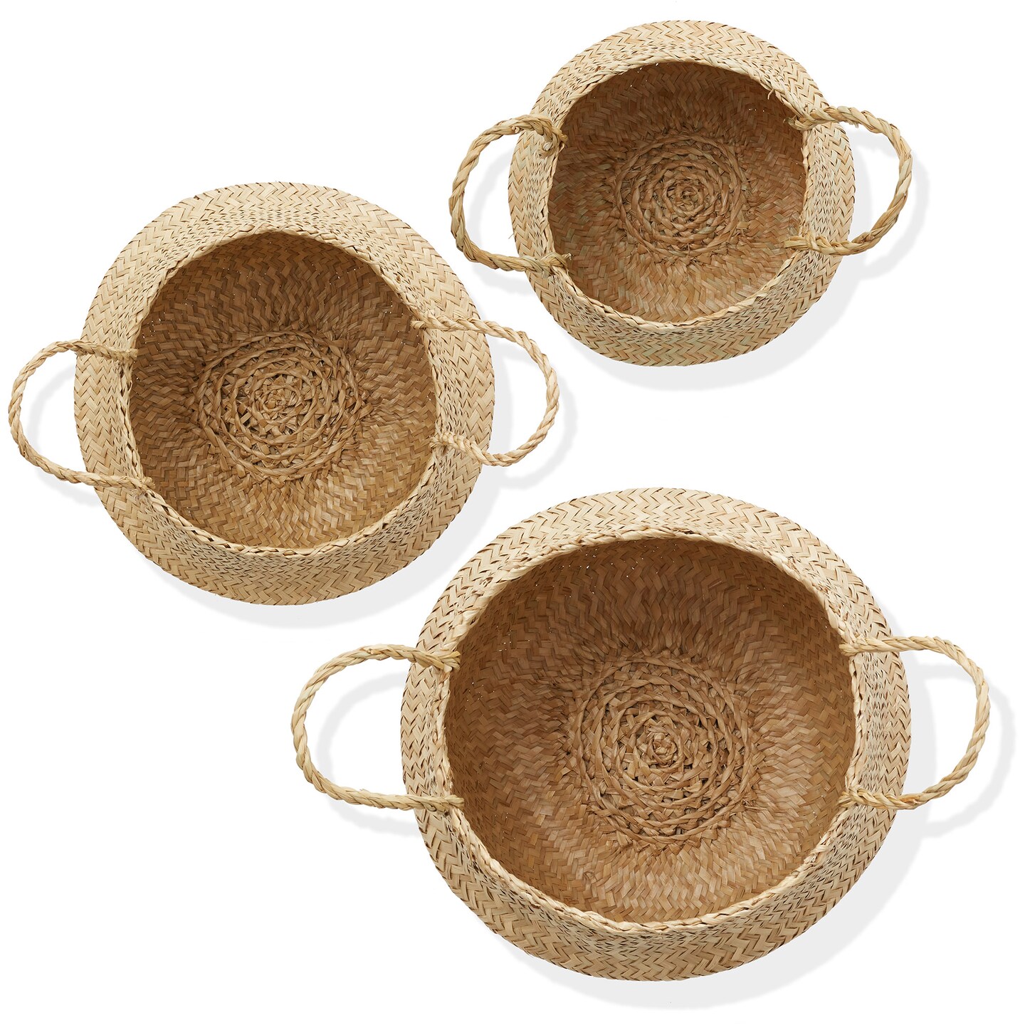 Casafield Seagrass Belly Baskets with Handles, Natural Woven Storage Basket Planters, Round Folding Bins for Home Decor, Indoor Plant Pot Covers