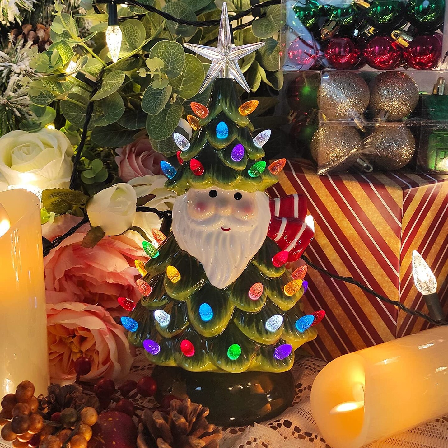 11&#x22; Ceramic Christmas Tree Tabletop Christmas Tree Lights with 50 Multicolored Lights and 1 Star Toppers for Table Top Desk Classic Series Christmas Decoration
