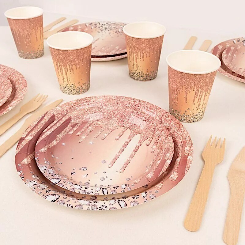 72 Rose Gold Disposable Paper Tableware Set Diamond Glitter Pattern Party Events