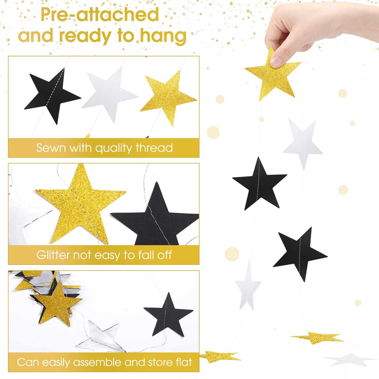 Patelai Glitter Star Garland Banner Decor, 130 Feet Bright Star Hanging Bunting Banner Backdrop for New Year Graduation Wedding Birthday Party Decor(Silver Gold Black)