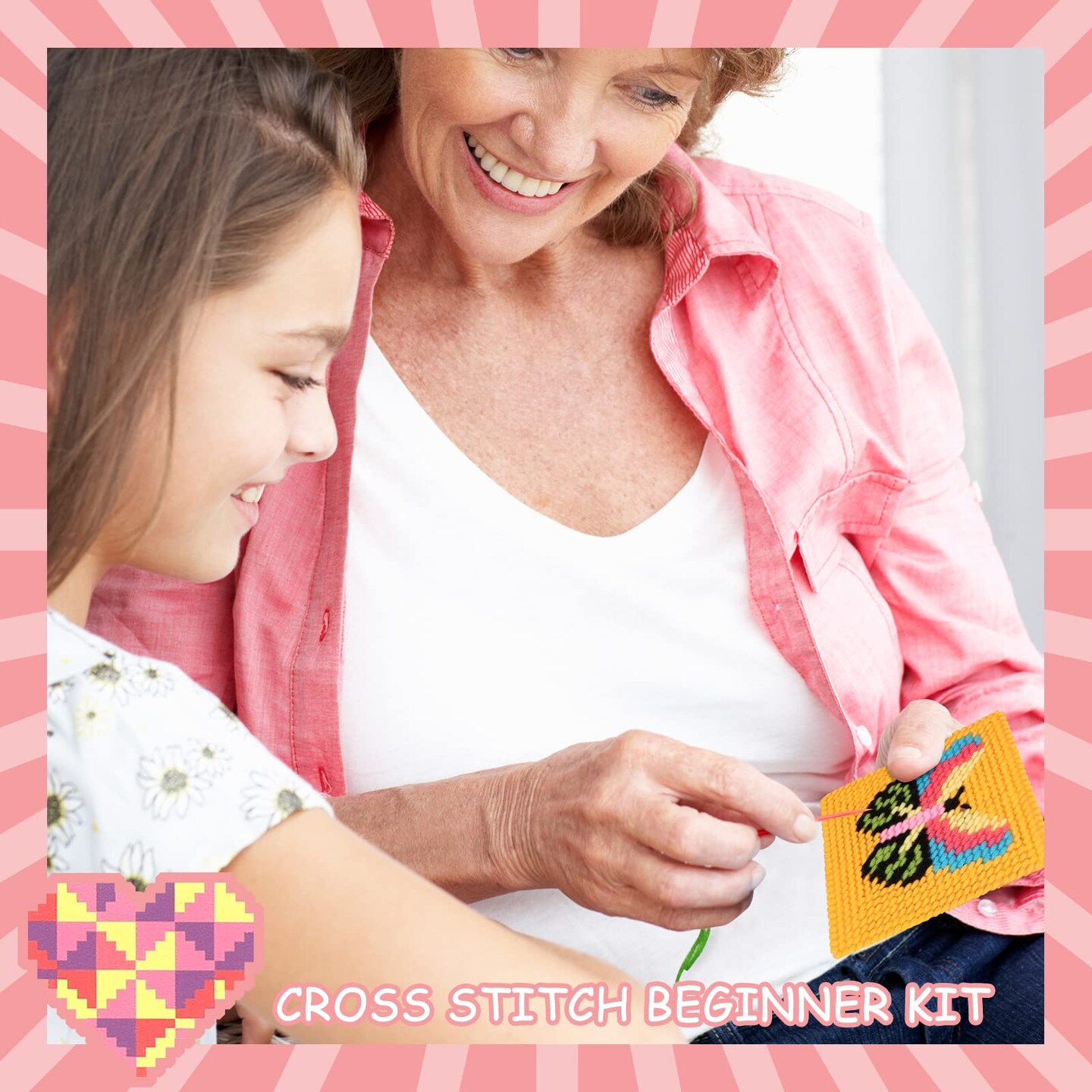 Pllieay Kids 10-in-1 Cross Stitch Beginner Kit for Kids, includes Instruction of 10 Different Patterns, 10 Blank Plastic Canvas for Needlework, and 14 Colored Threads, Needlepoint Starter Sewing Set