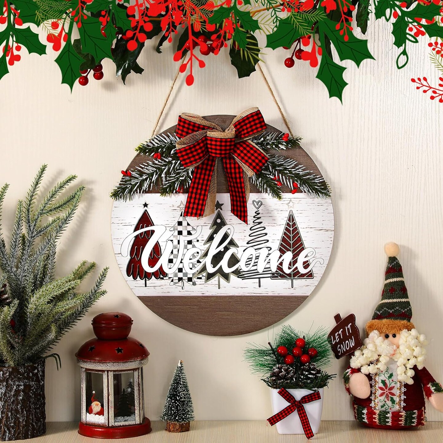 Christmas Door Wreath Merry Christmas Welcome Hanging Wall Sign - 11.8'' (Novel)