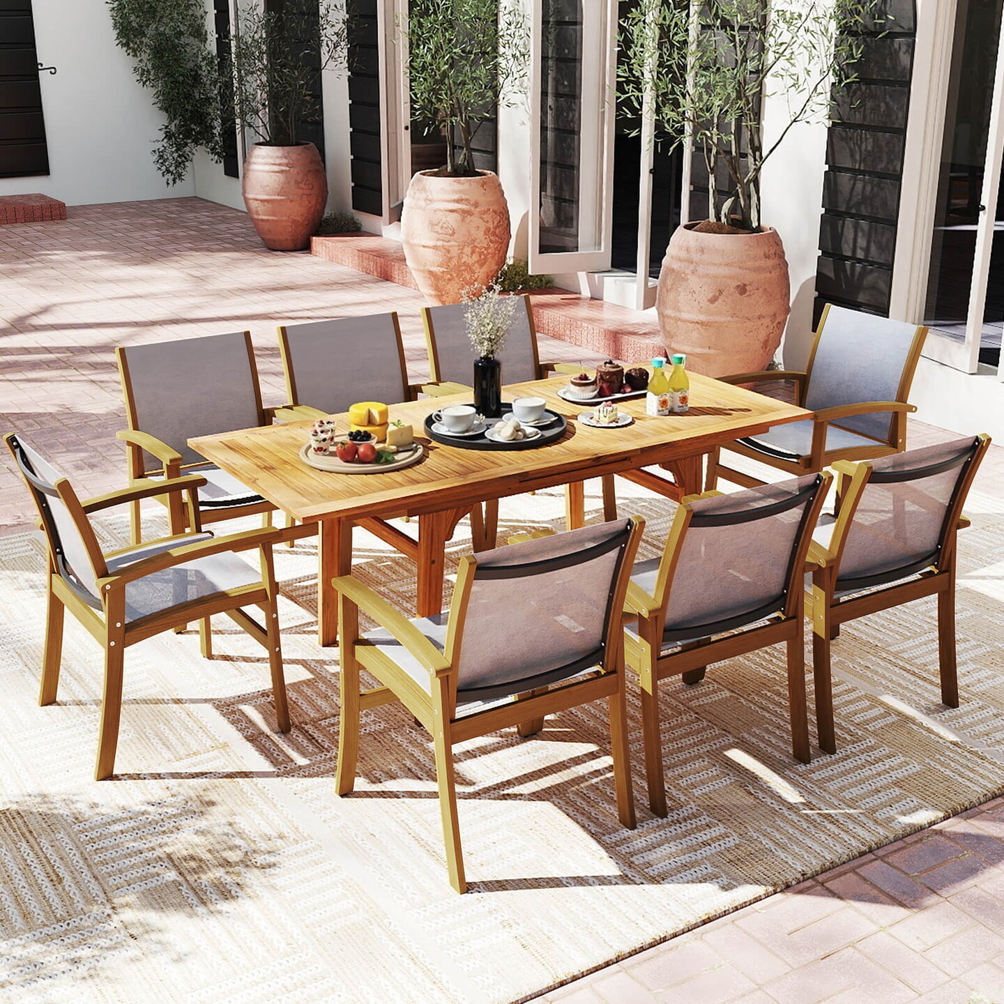 Costway 2/4 PCS Outdoor Dining Chairs Acacia Wood Patio Chairs with Breathable Fabric Seat Brown/Yellow