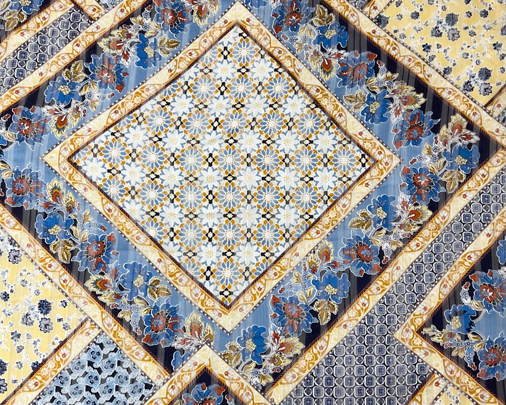 Blue-Multi Poly Floral Printed Satin Stripe Chiffon Woven Fabric By the Yard