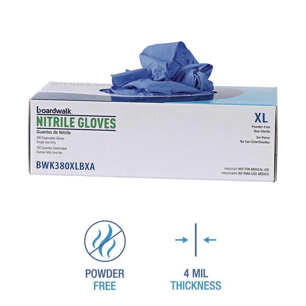 Boardwalk 380 Series 4 mil Thick 9.5 in. Long Powder-Free Disposable General-Purpose Nitrile Gloves - Extra Large, Blue (100/Box)