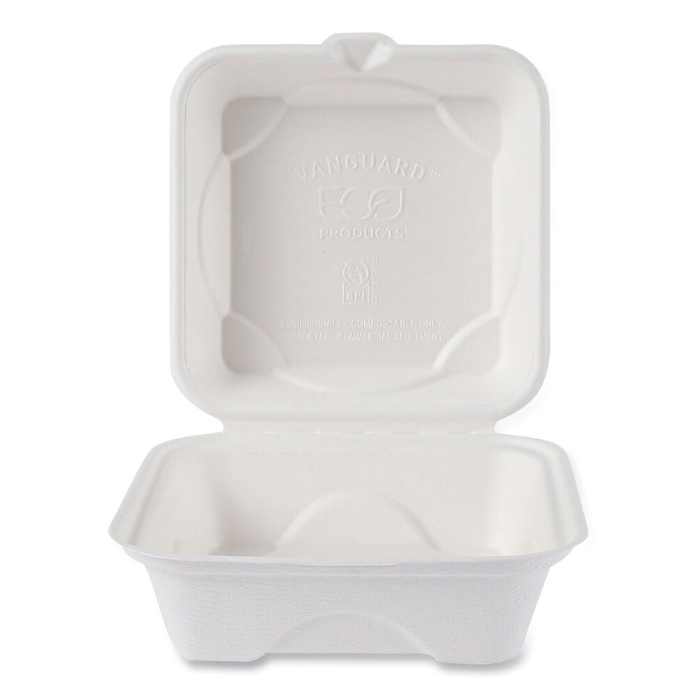 Eco-Products Vanguard 6 in. x 6 in. x 3 in. Renewable and Compostable Sugarcane Clamshells - White (500/Carton)