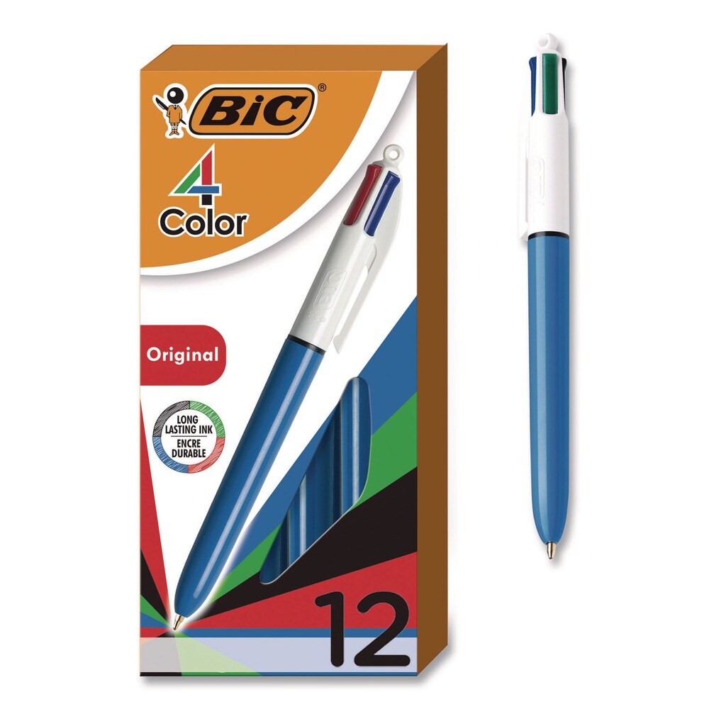 BIC Medium 1 mm Multi-Color Retractable Ballpoint Pen - Black/Blue/Green/Red Ink/Blue/White Barrel (12/Box)