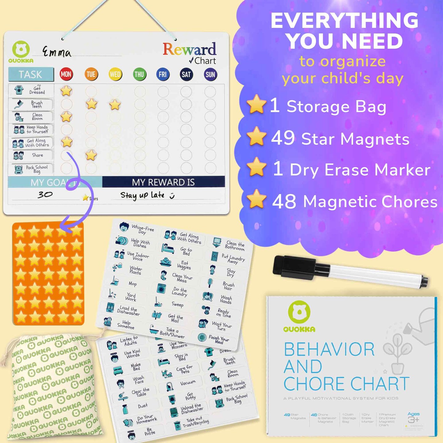 QUOKKA Magnetic Behavior Chore Chart for Kids at Home - Gift Reward Visual Schedule Chart - Dry and Erase Routine and Responsibility - Use 99 Magnets, Markers, Stickers - From Toddlers to Teens