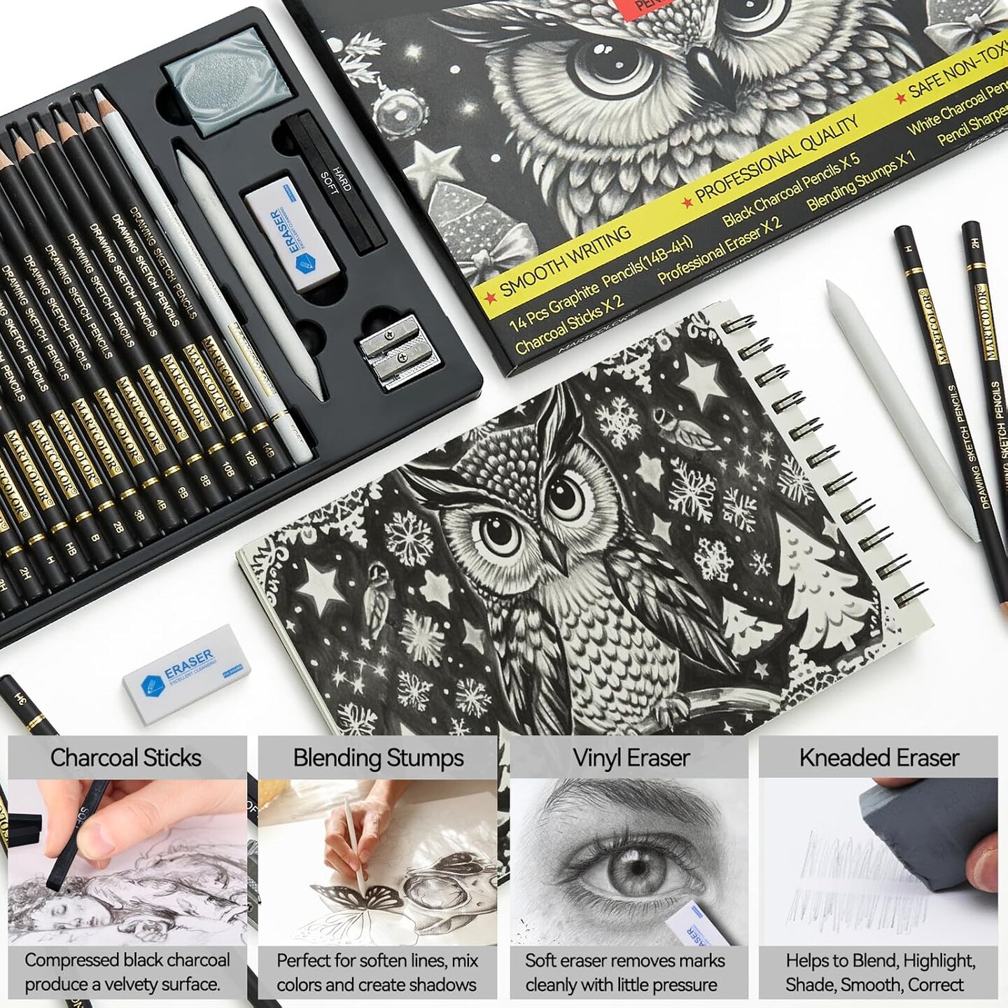 Drawing Sketching Pencil Set, 26 Pieces, Graphite Pencils (14B-4H), Charcoal Pencils, Charcoal Sticks, Blending Stump, Eraser, Sharpeners, Artist Pencils for Beginners &#x26; Pro Artists