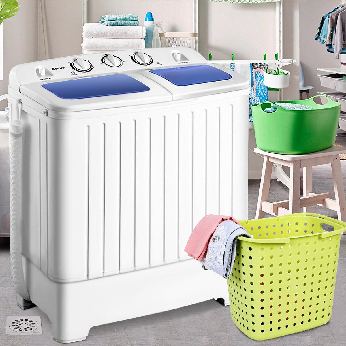 Costway 17.6 lb Portable Mini Compact Twin Tub Washing Machine Washer Spin Dryer