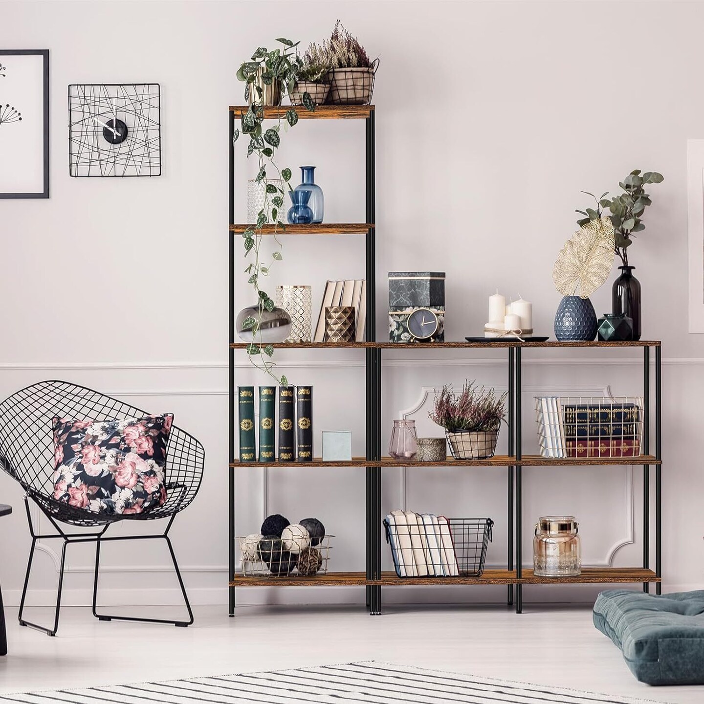 71&#x22; Tall Rustic Brown Ladder Bookshelf &#x2013; Vintage Corner Bookcase with 5 Open Shelves, Sturdy Chipboard &#x26; Metal Frame for Home Office, Apartment, Dorm &#x2013; Easy Assembly