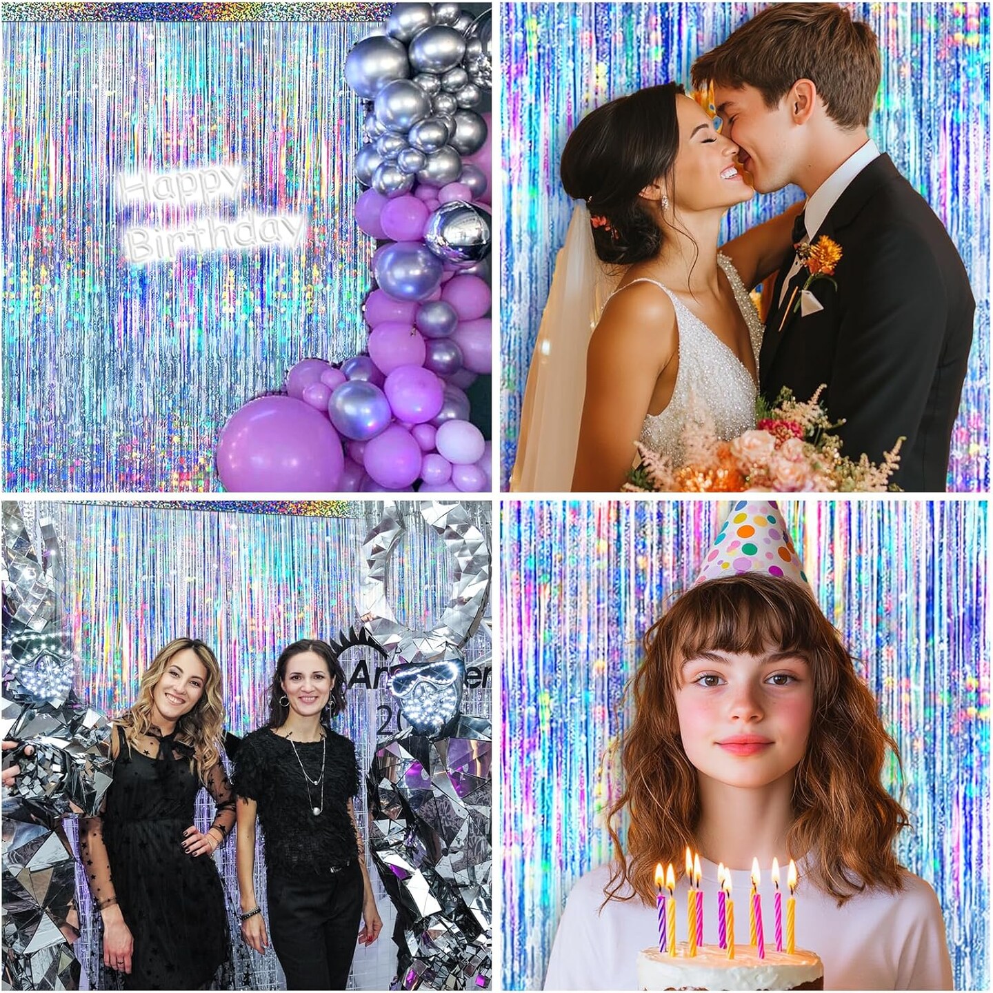 4 Packs Silver Foil Fringe Curtain, Silver Glitter Metallic Tinsel Backdrop for Birthday, Wedding, Baby Shower, 70s 80s 90s Theme Disco Party, Bachelorette Party, Iridescent Party Decorations Supplies