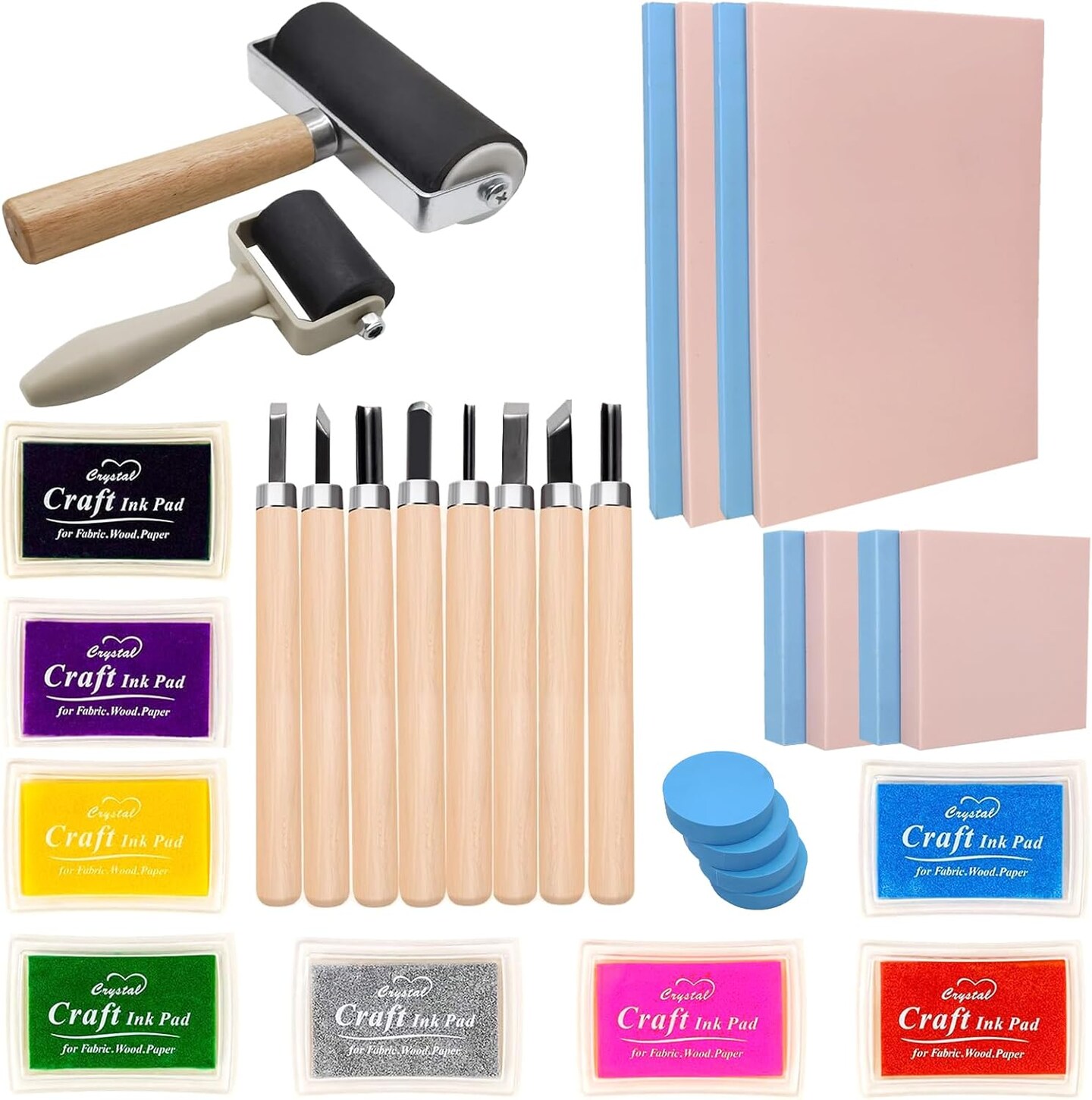 30-Pack Rubber Carving Blocks with Brayer & Cutter Tools for DIY Printmaking