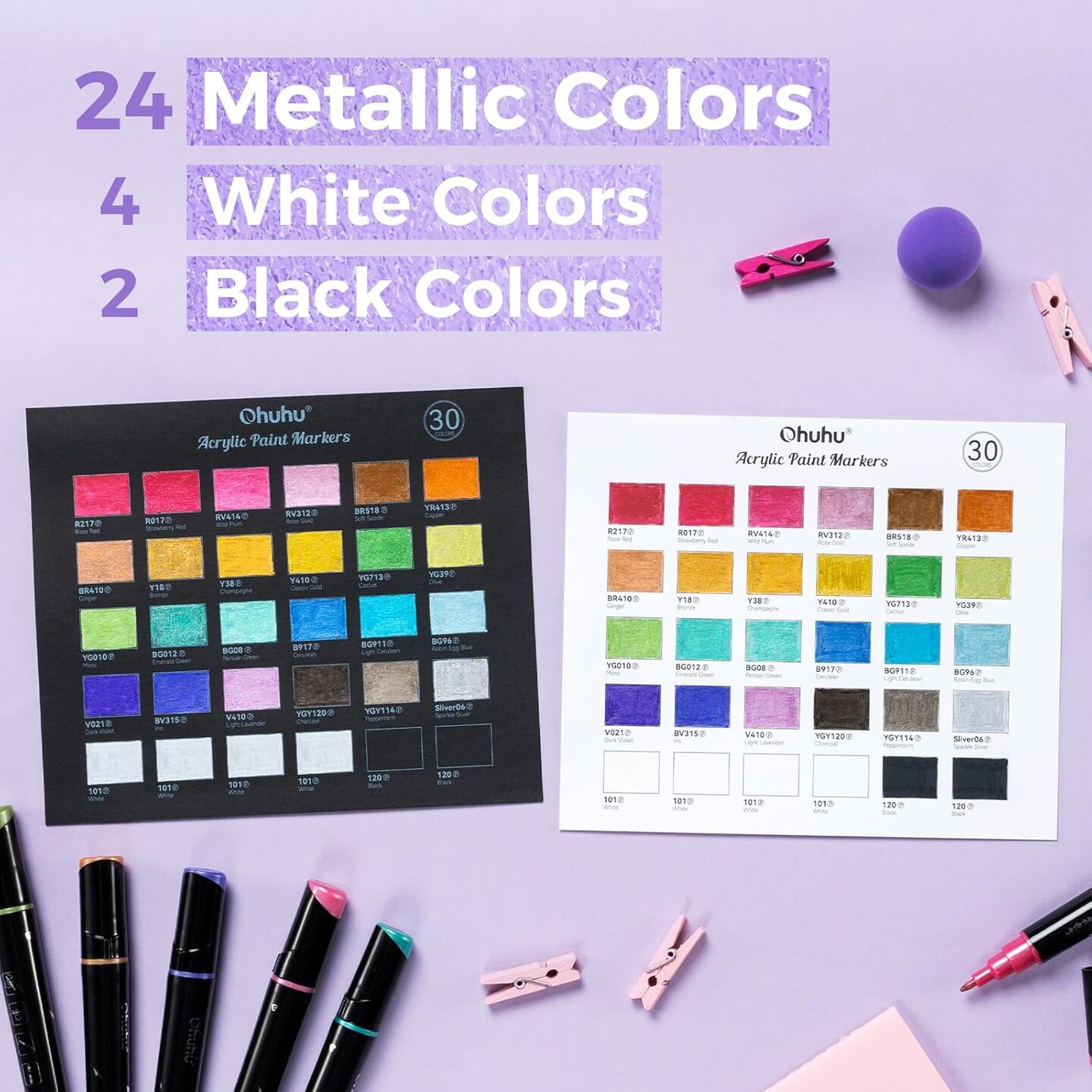 Ohuhu Acrylic Paint Markers 24 Metallic Colors 30 Pens: Dual Tips (Round &#x26; Fine) Acrylic Markers High Opacity Paint Pens Waterproof Lightfast for Rock Painting Eggs Wood Glass Ceramic - Kakaako