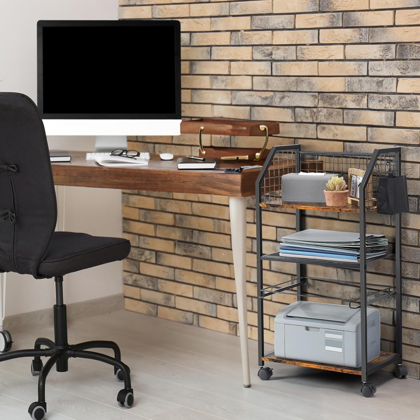 3-Tier Rolling File Cart with Lockable Wheels - Under Desk Organizer, Hanging File Rack for Letter Size, Mobile Office Storage for Home, School, Brown