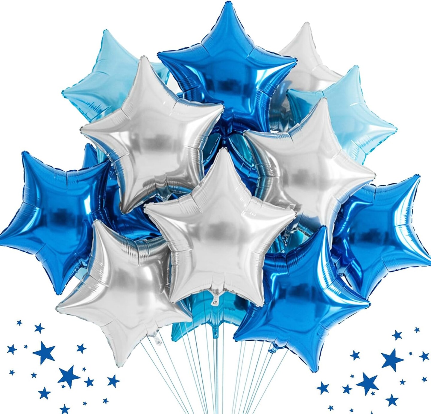 30Pcs 18 Inch Large Blue Silver Star Shape Foil Balloons Big Stars Helium Mylar Ballons for Birthday Wedding Baby Shower Anniversary Engagement Party Decorations Supplies