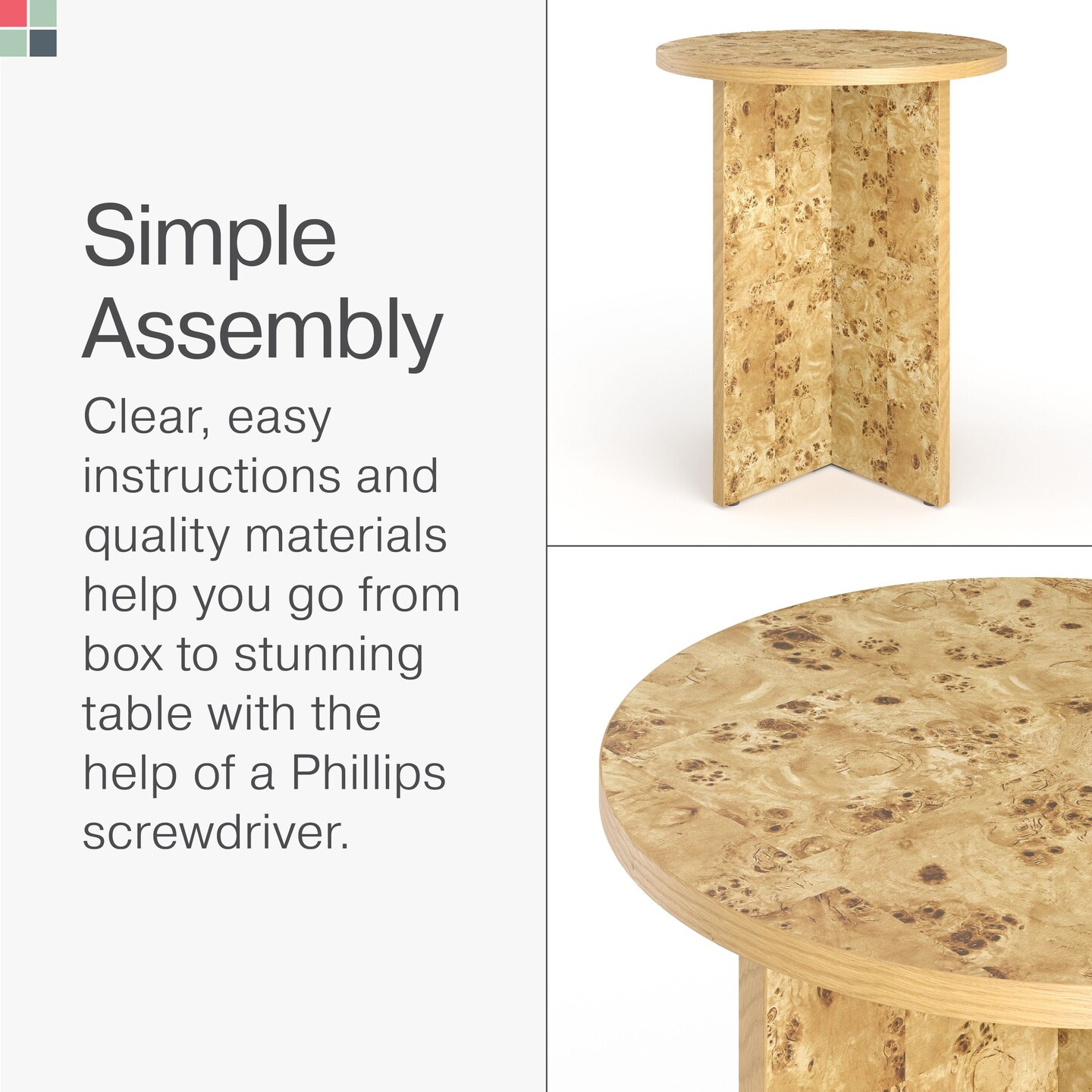Round Burl Wood Side Table - Modern Home, Bedroom, and Living Room Furniture - Wooden Nightstand - 16 Inch End Desk - Small Wooden Accent Table - Solid Base and Wood Grain Veneer Finish (Burl)