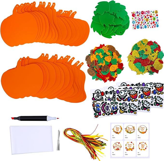 30 sets of fall Halloween pumpkin decorations. DIY Pumpkin Craft Kits Smile 8" wide foam pumpkin shapes. Fall Leaves Glitter Leaves Pumpkin Decorating Stickers for Kids' Classroom Party Activities