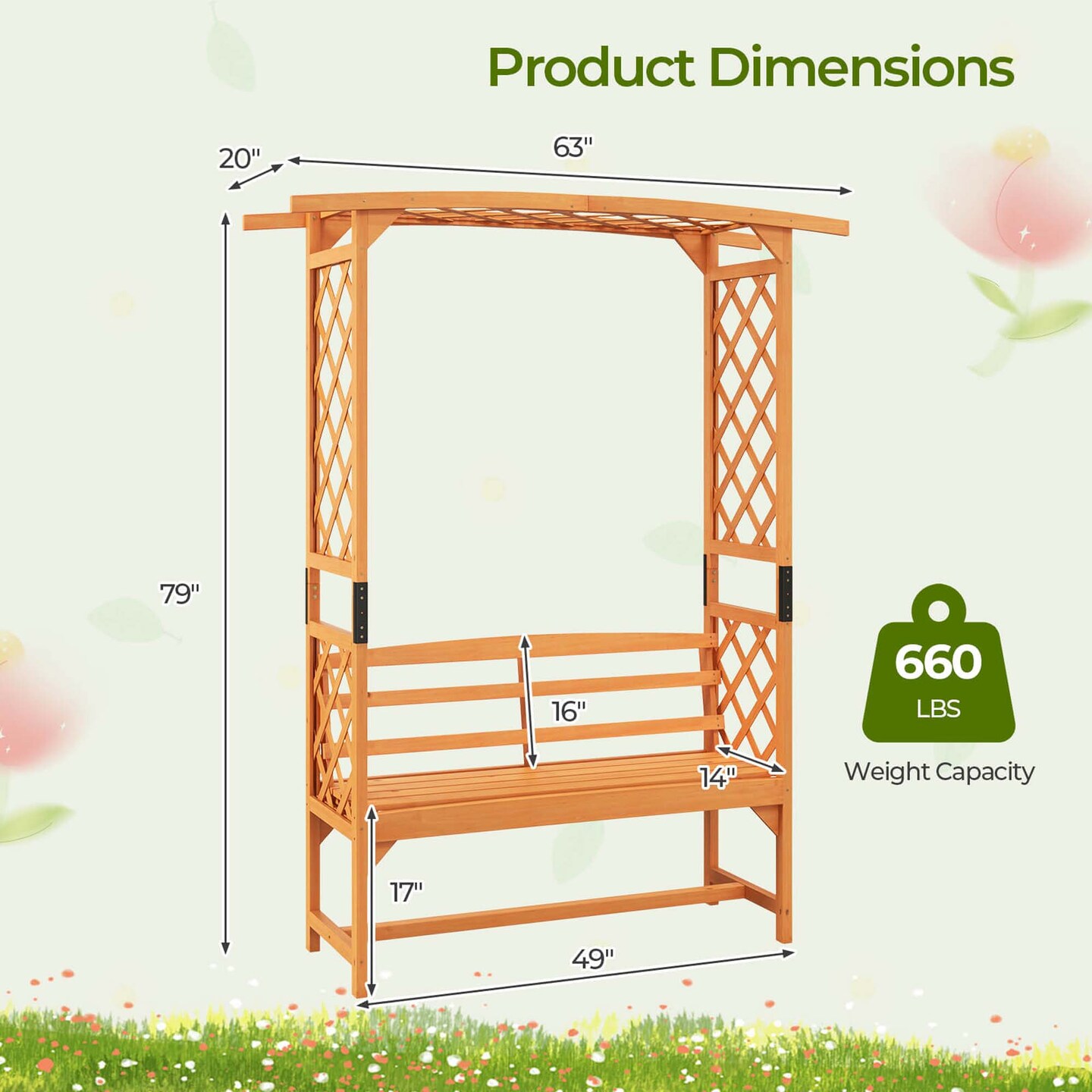 Costway 6.5 FT Tall Patio Garden Arbor with Pergola 2-Seat Bench Trellis for Climbing Plant