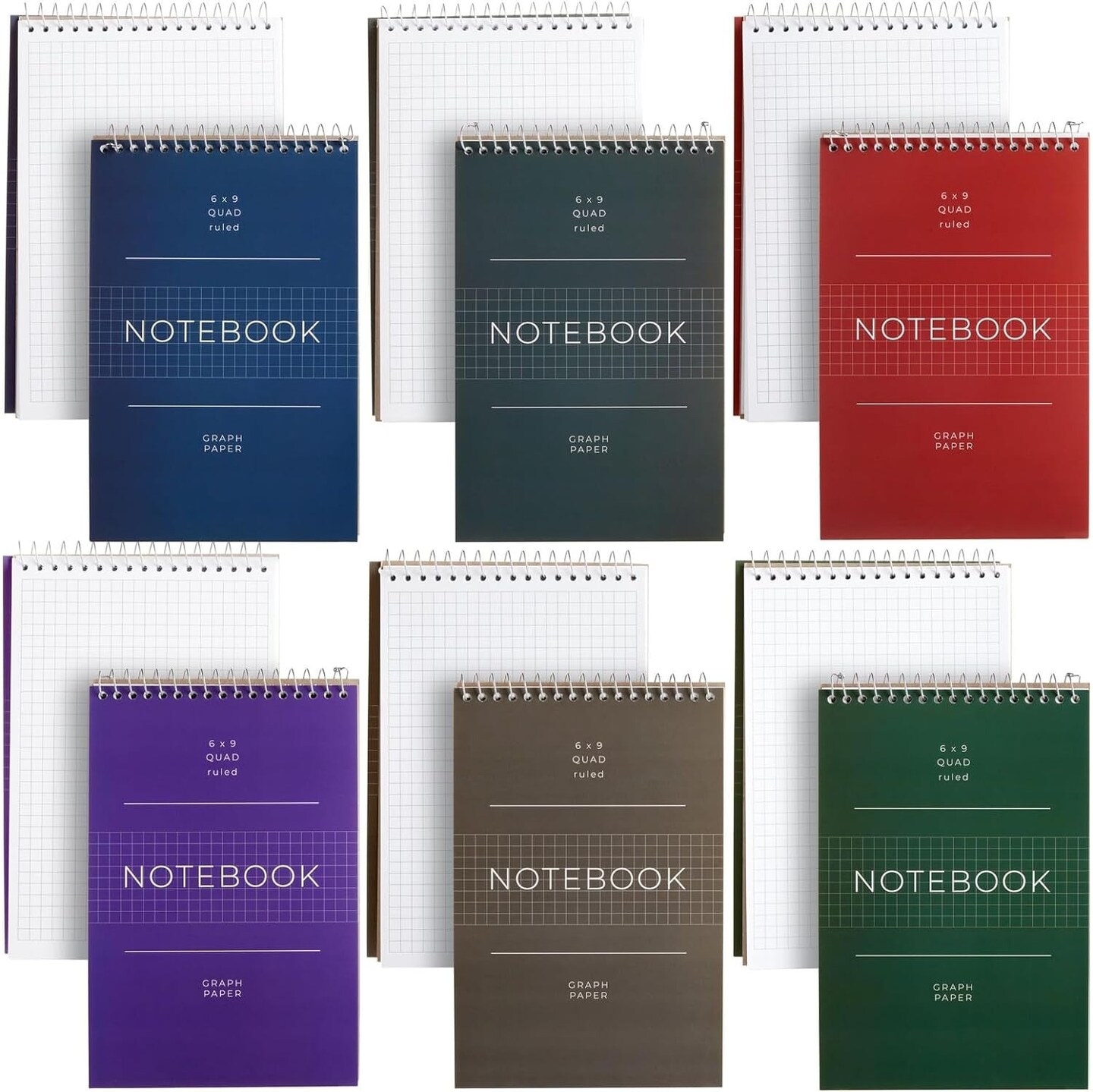 6 Pack Quad Ruled 6X9 Inch Top Bound Spiral Graph Paper Notebook - 80 Sheets / 160 Writable Page Steno Notepads for Writing, Sketching, Drawing, School Supplies (6 Colors)