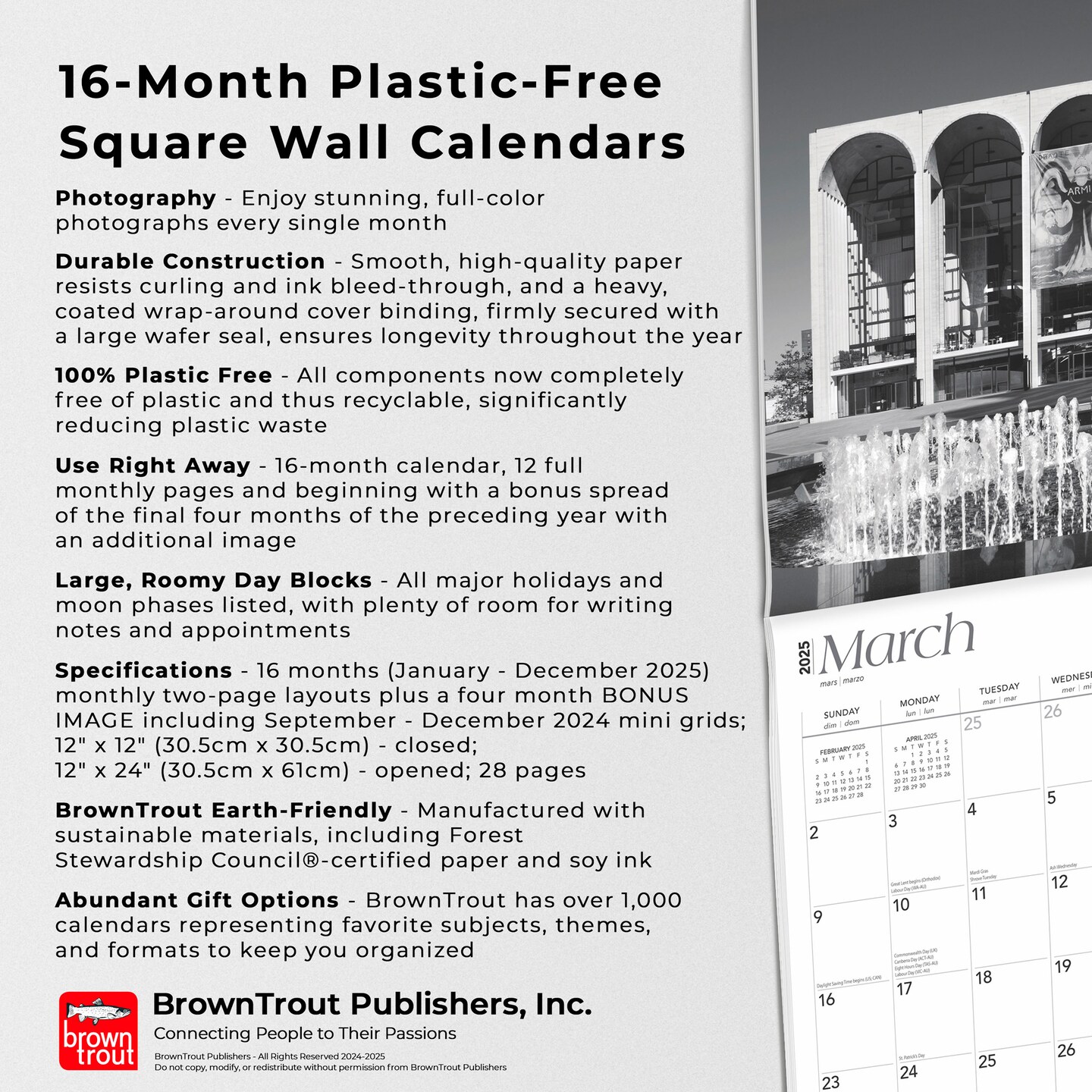 New York City Black &#x26; White | 2025 12 x 24 Inch Monthly Square Wall Calendar | Plastic-Free | BrownTrout | USA United States of America NYC State Northeast Atlantic