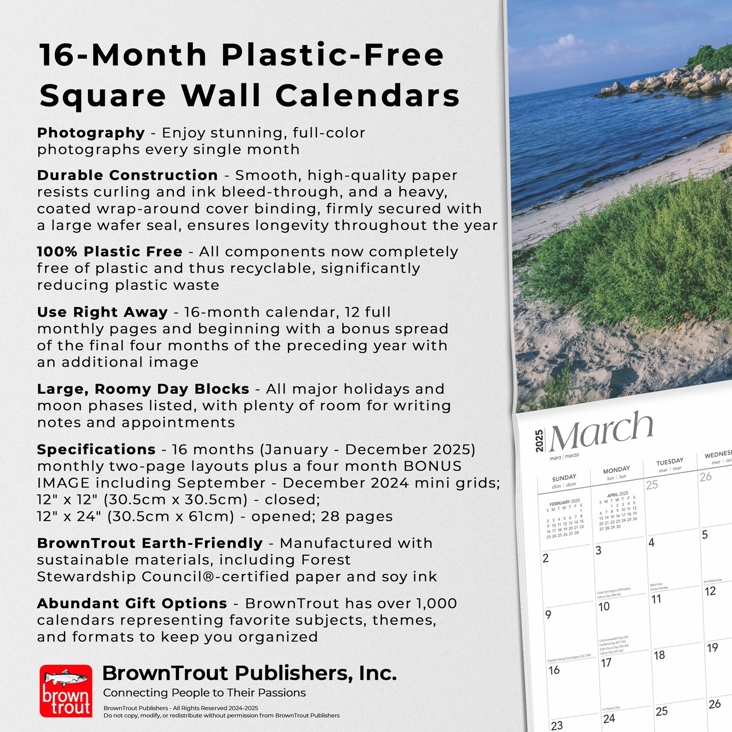 Coast of New England | 2025 12 x 24 Inch Monthly Square Wall Calendar | Plastic-Free | BrownTrout | USA United States of America Scenic Nature Ocean Sea Coast