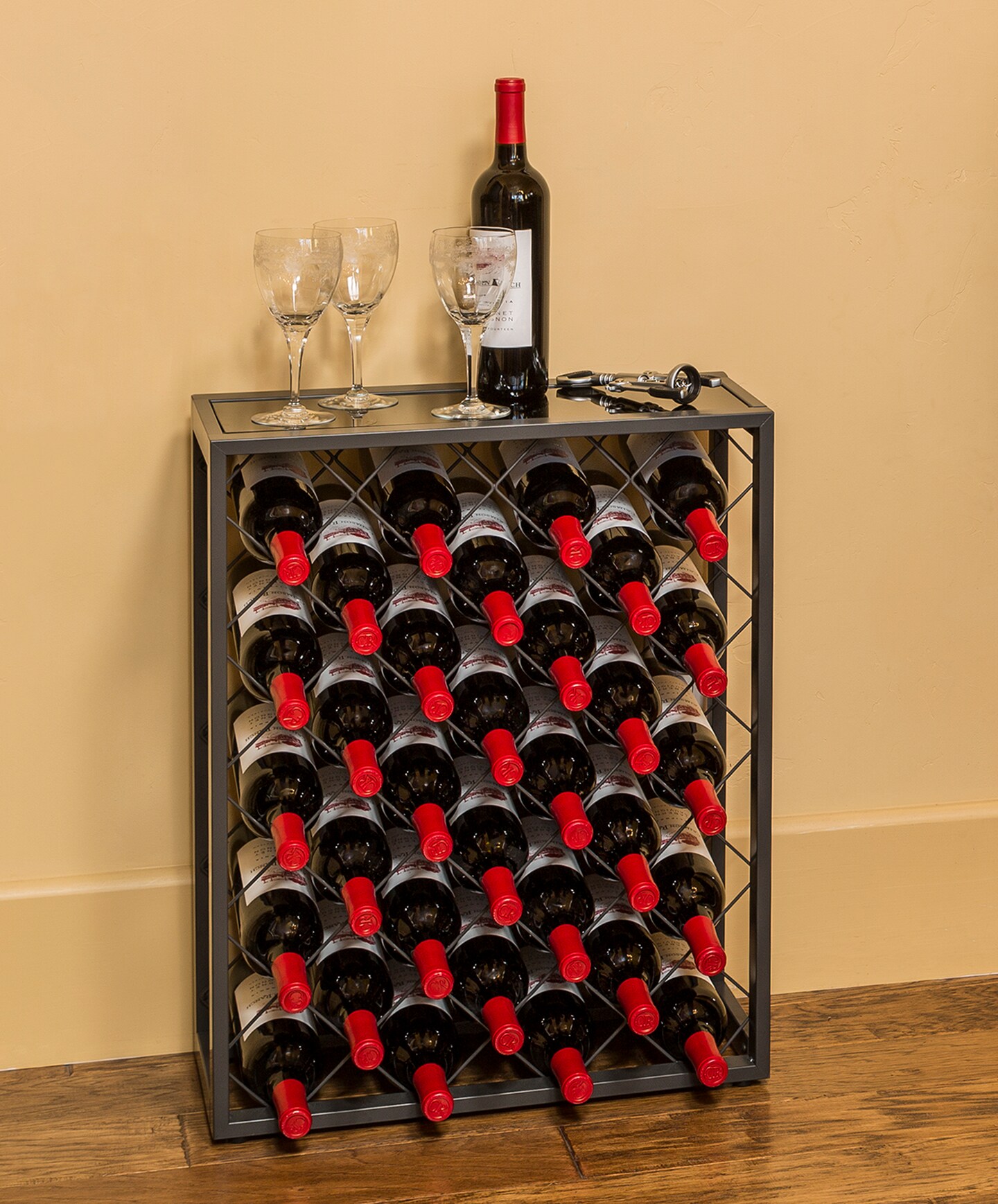 Mango Steam 32 Bottle Wine Rack with Black Glass Top Shelf