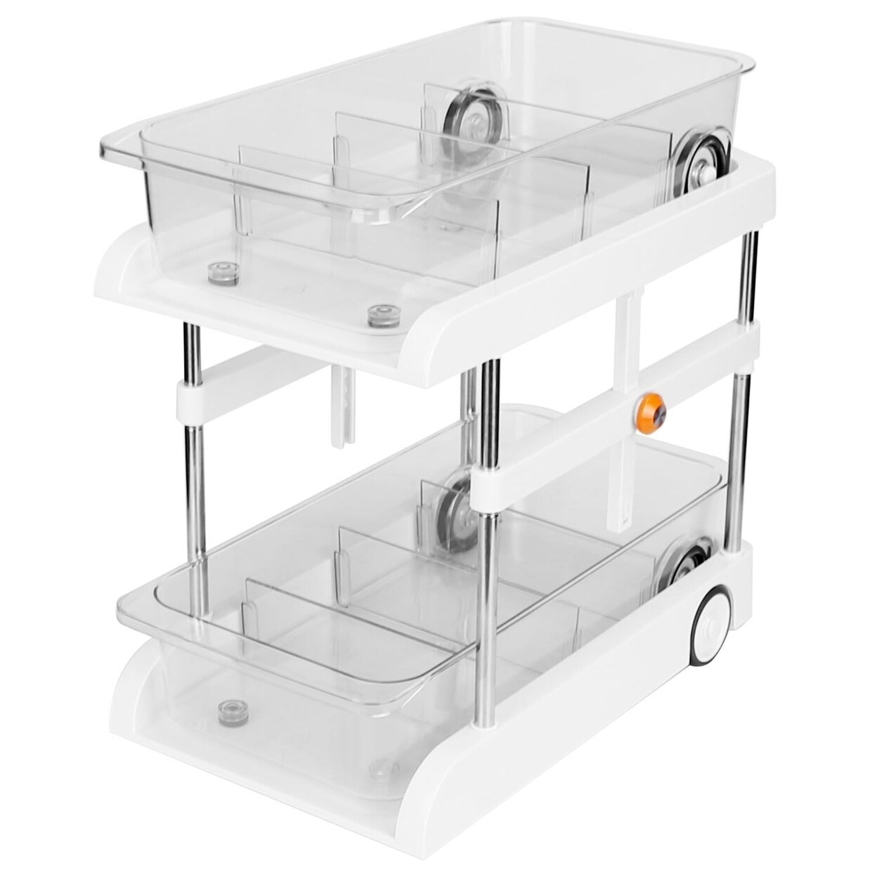 2-Tier Height Adjustable Under Sink Organizer With Flexible Wheels 2 Clear Trays With Movable Dividers Pull Out Cabinet