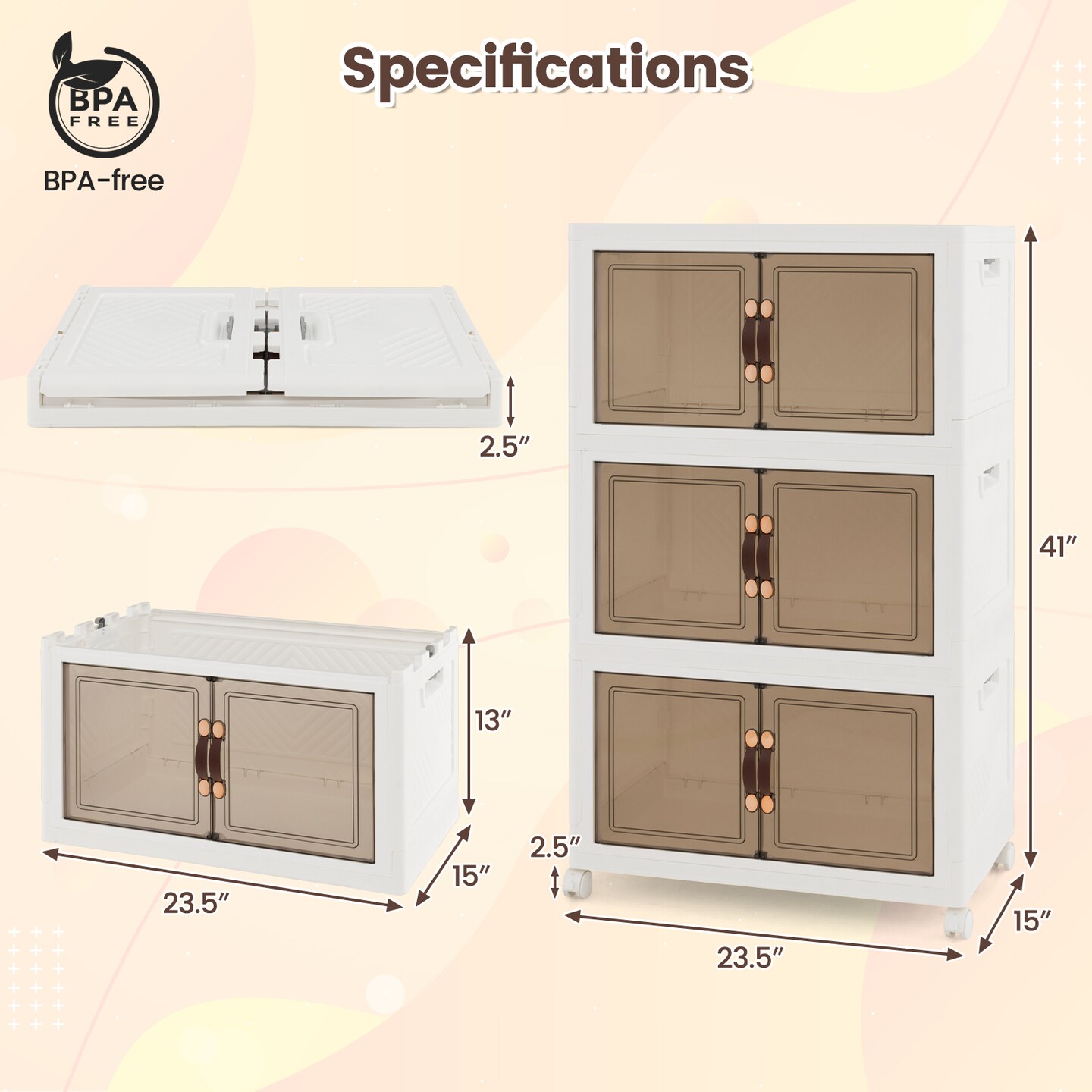 Costway 50 Gallons Stackable Storage Bins with Lockable Wheels 3 Pack Folding PP Home Organizer