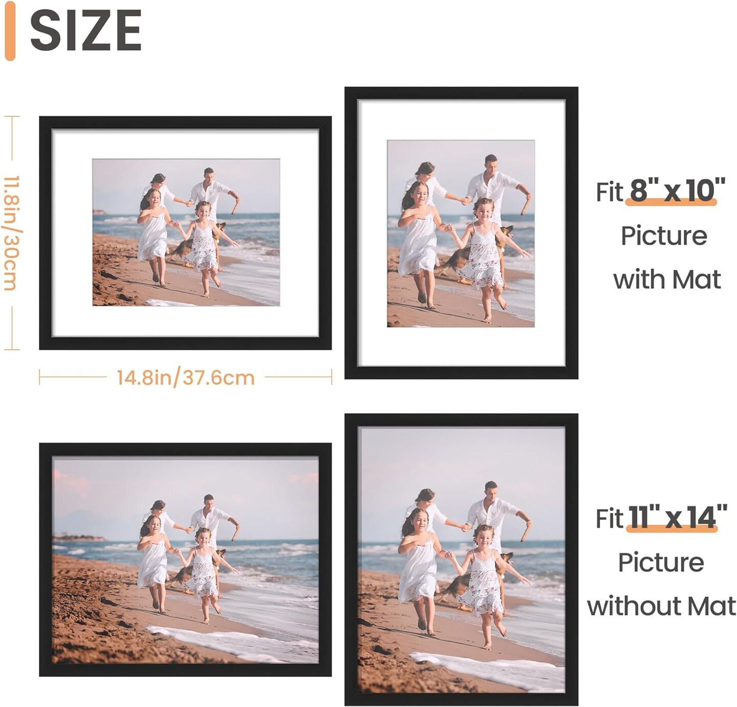 11x14 Picture Frame, Display Pictures 8x10 with Mat or 11x14 Without Mat, Wall Hanging Photo Frame in Black, 1 Pack