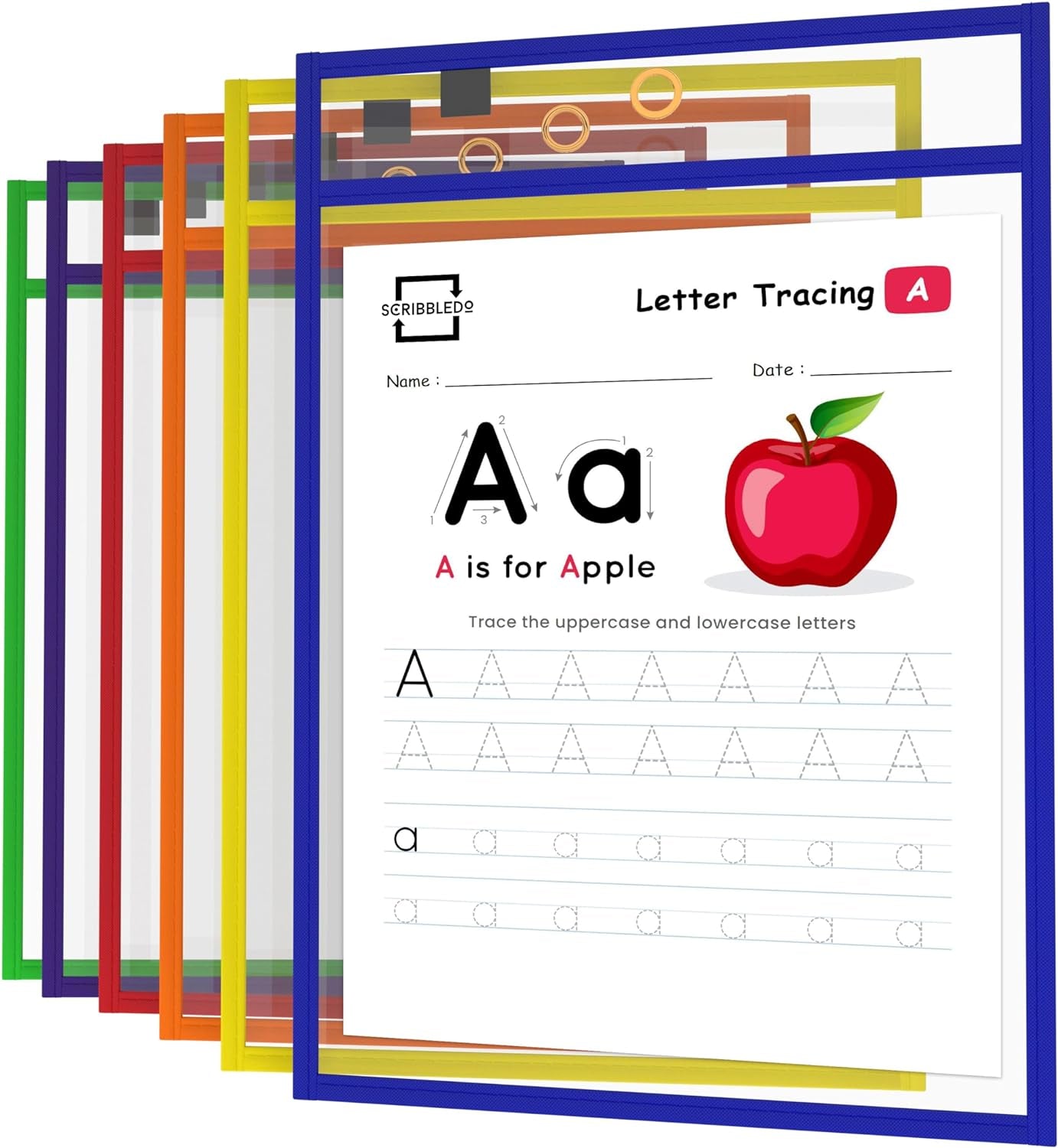 Dry Erase Pockets, 6 Pack Reusable Dry Erase Sleeves with Marker Holder, Colorful Dry Erase Pocket Sleeves for School or Work, Assorted Colors Sheet Protectors and Ticket Holders