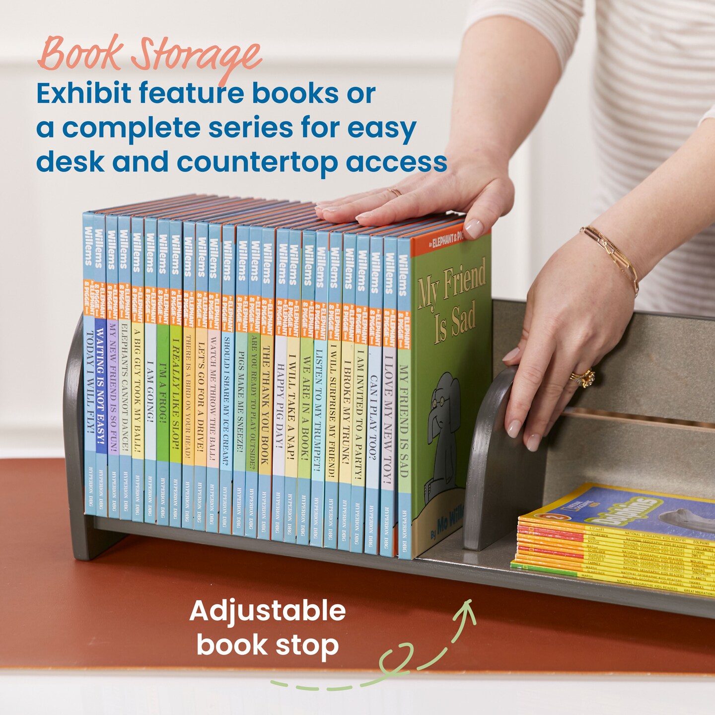 Tabletop Book Display, Library Storage Organizer with Adjustable Book Stop