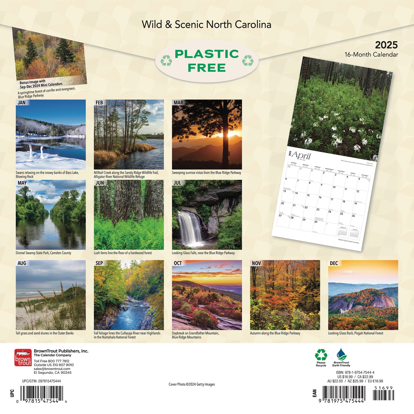 North Carolina Wild &#x26; Scenic | 2025 12 x 24 Inch Monthly Square Wall Calendar | Plastic-Free | BrownTrout | USA United States of America Southeast State Nature