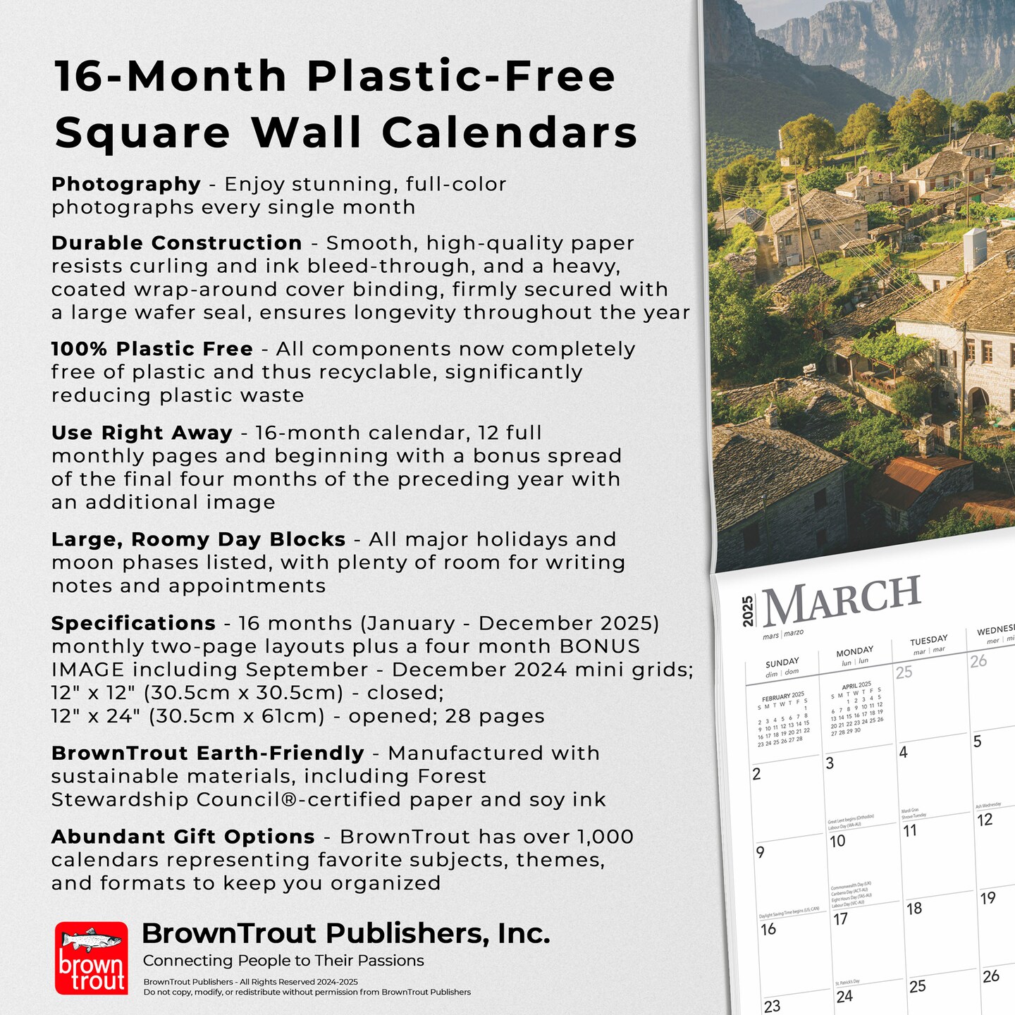 Greece | 2025 12 x 24 Inch Monthly Square Wall Calendar | Plastic-Free | BrownTrout | Travel Europe Balkans Athens Mykonos