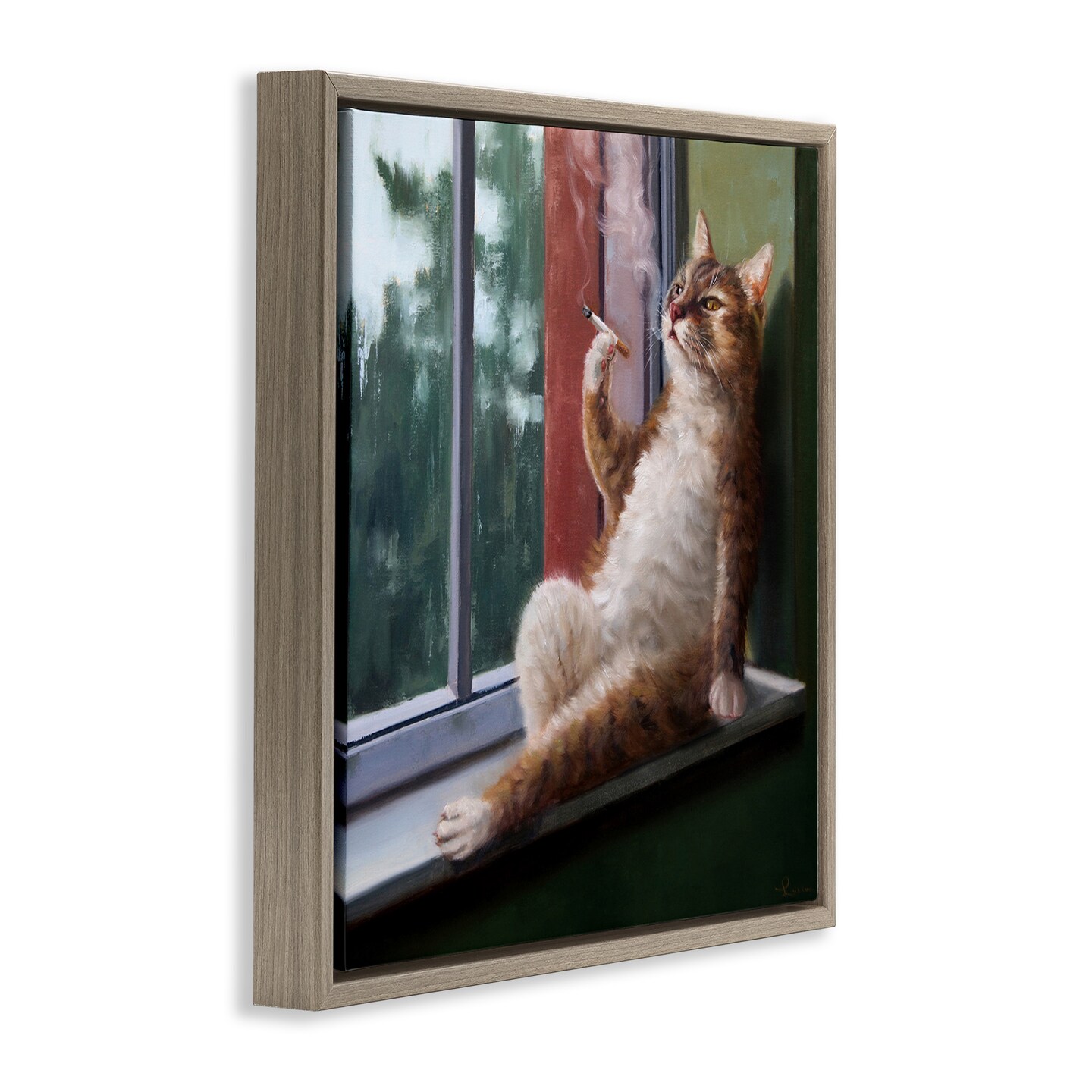 Stupell Industries Cat Smoking Lounging in Window Framed Floater Canvas Wall Art