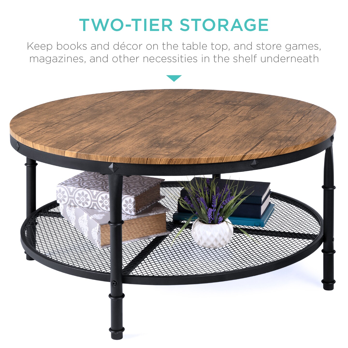 Best Choice Products 2-Tier Round Coffee Table, Rustic Accent Table w/ Wooden Tabletop, Padded Feet, Open Shelf