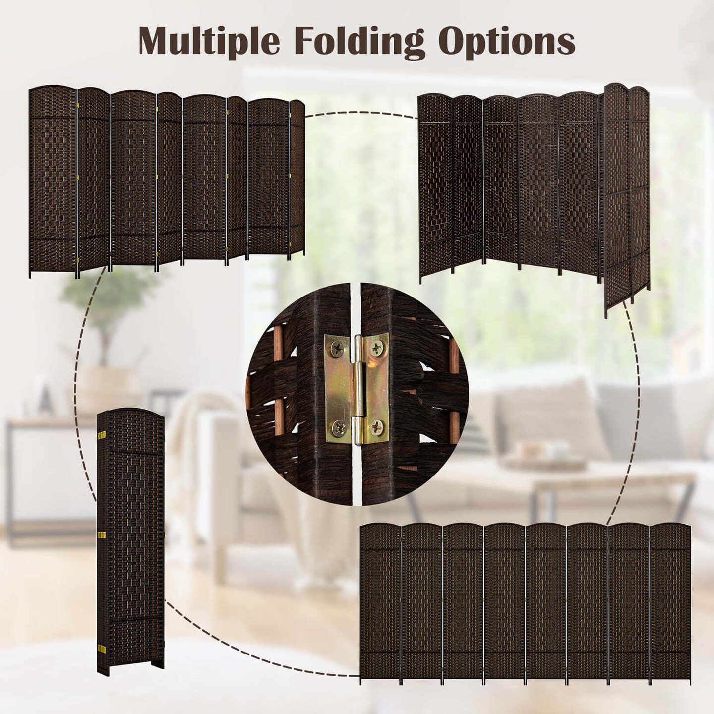 Costway 8-Panel Room Divider 6 FT Tall Folding Privacy Screen with Solid Wood Frame Brown/Black