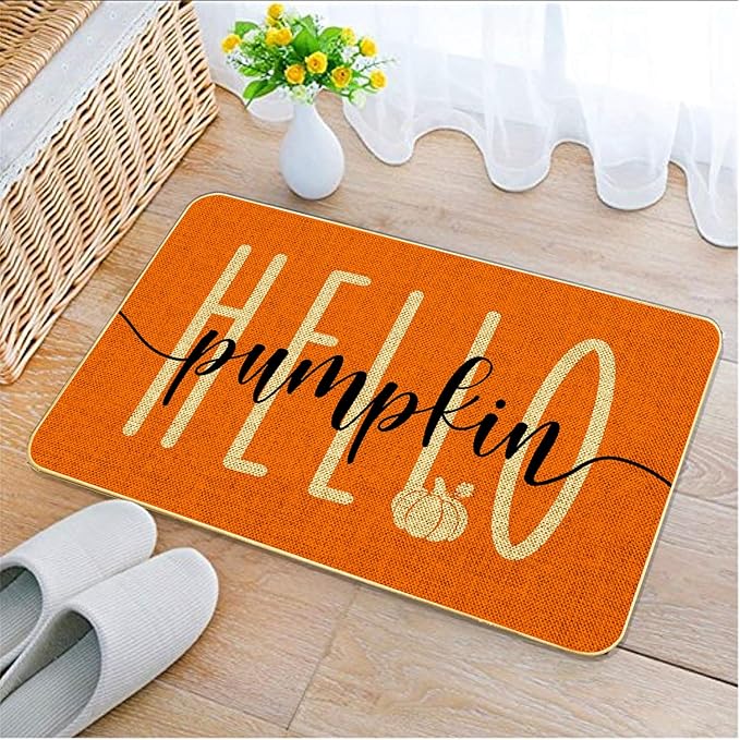 Hello Pumpkin Door Mat Welcome Decorative, Autumn Thankful Pumpkin Farmhouse Outdoor Indoor Patio Entrance Door Mats Low Profile Non Slip Outside Inside Floor Mat Rugs for Home Decor. 29x 17 Inch