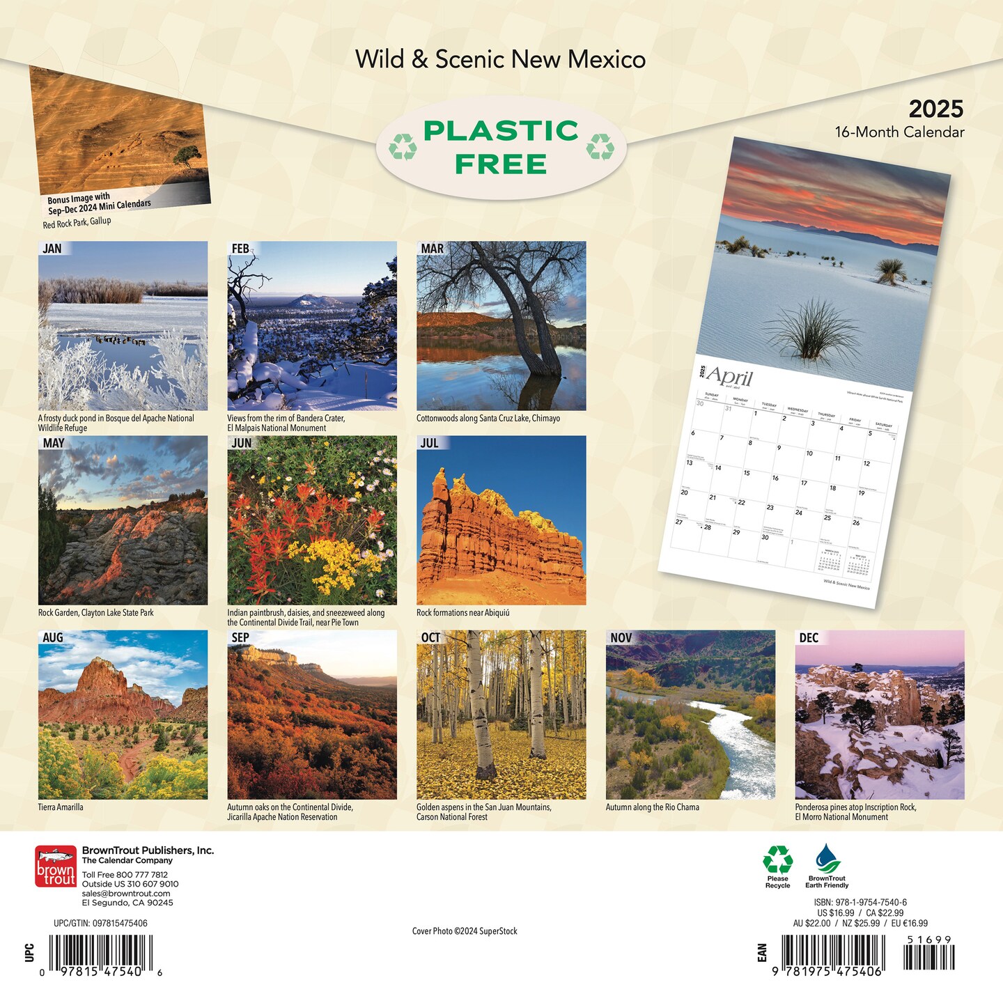 New Mexico Wild &#x26; Scenic | 2025 12 x 24 Inch Monthly Square Wall Calendar | Plastic-Free | BrownTrout | USA United States of America Southwest State Nature