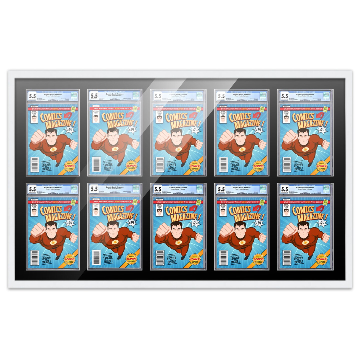 Comic Book Frame with Mat for 10 Graded Comics - White Wood Comic Frame ...