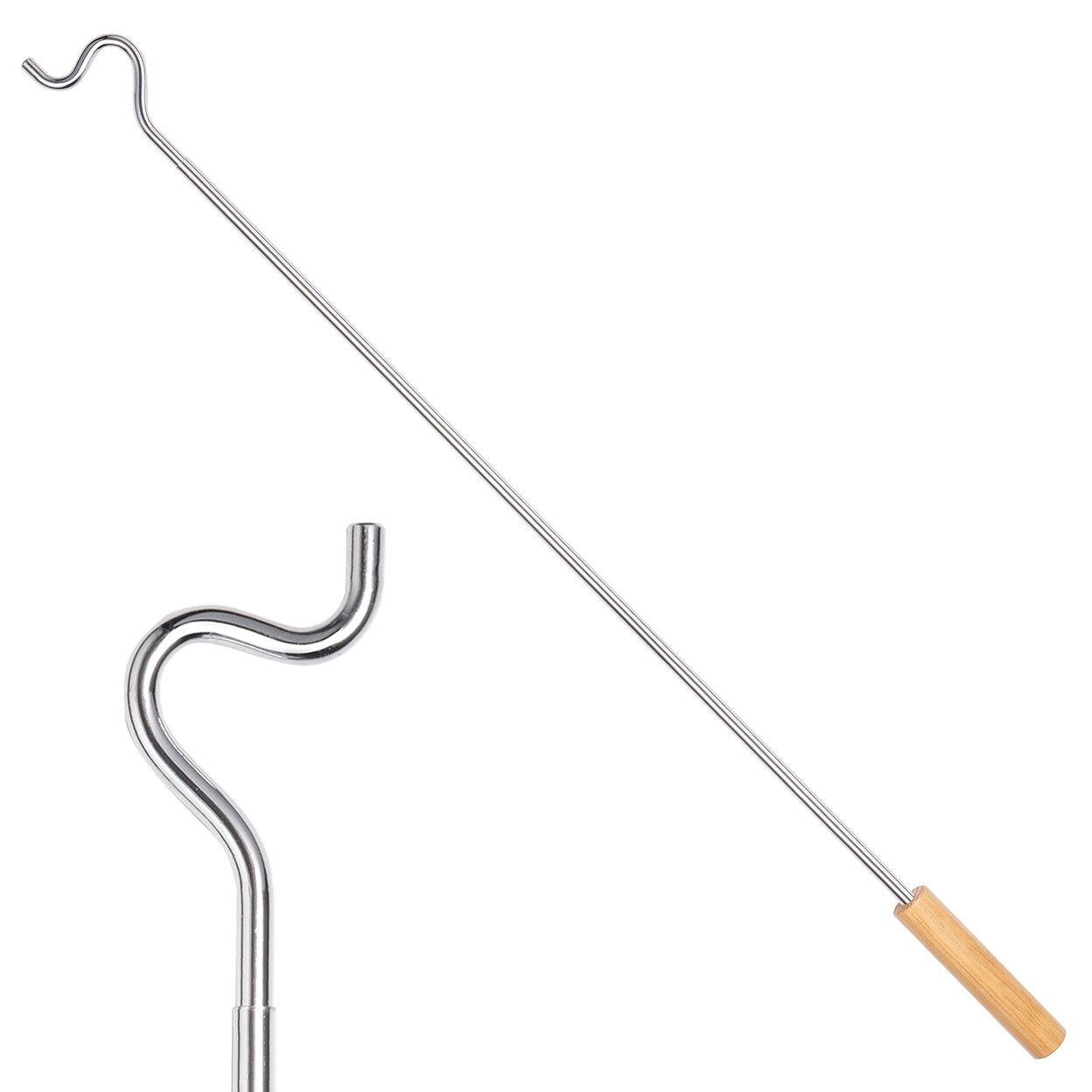 Closet Reacher Pole Adjustable 2.75 To 5 Feet Wooden Handle Heavy Duty Hook