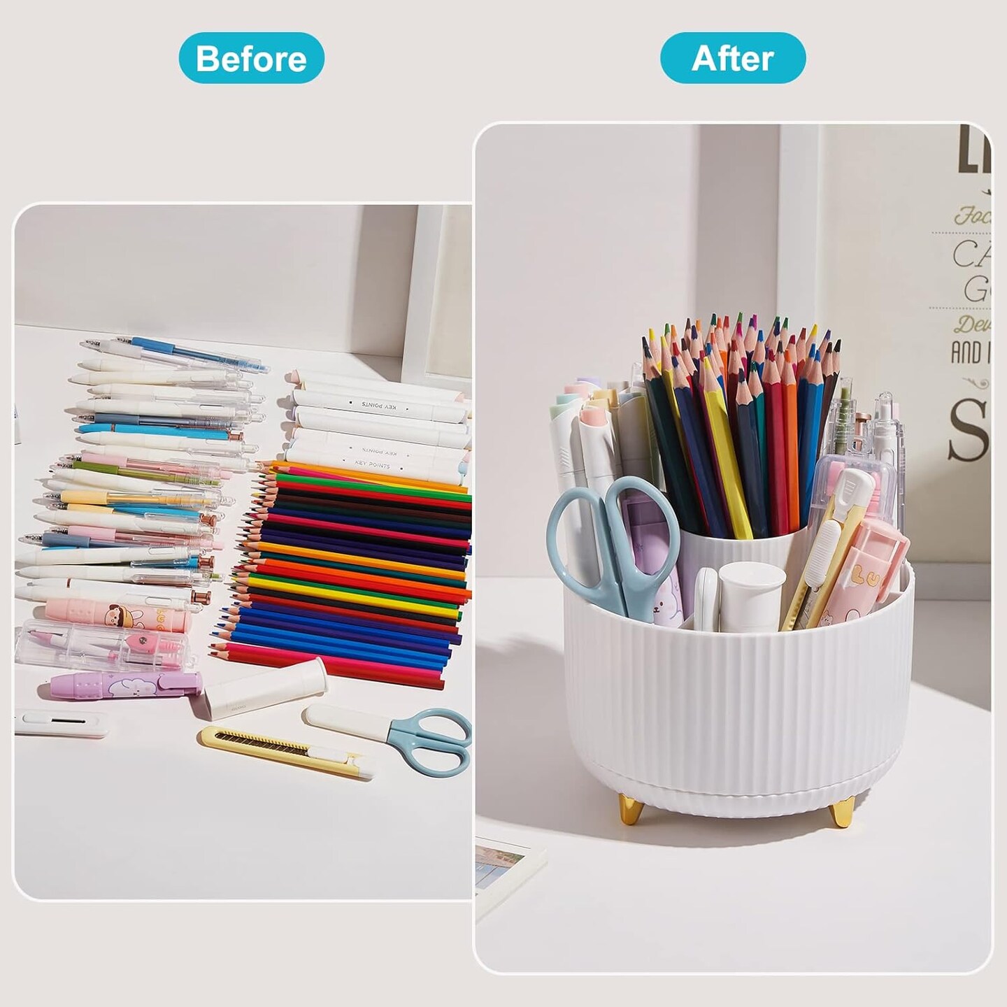 Desk Pencil Pen Holder, 5 Slots 360 Degree Rotating Desk Pen Organizer for Desk Desktop Storage Stationery Supplies White Cup Pot for Office, School, or Home Art Supplies