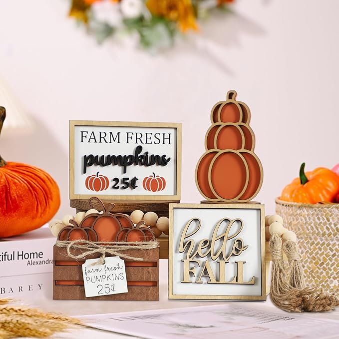 Fall Decor, 5PCS Fall Decorations for Home. Hello fall, stacked pumpkin, farm fresh, pumpkin crate, bead garland, fall tiered tray decor, rustic fall tabletop decor.