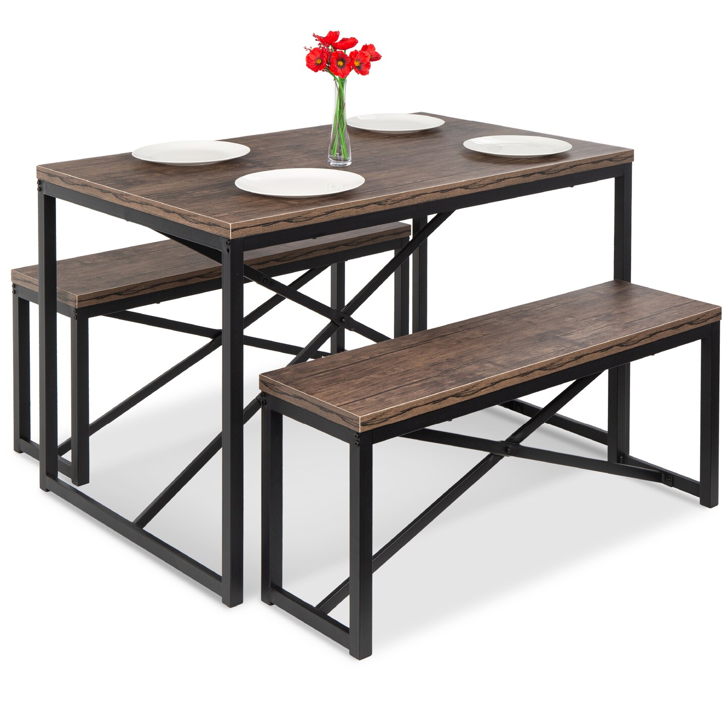 Best Choice Products 45.5in 3-Piece Bench Style Dining Furniture Set, 4-Person Dinette w/ 2 Benches, Table