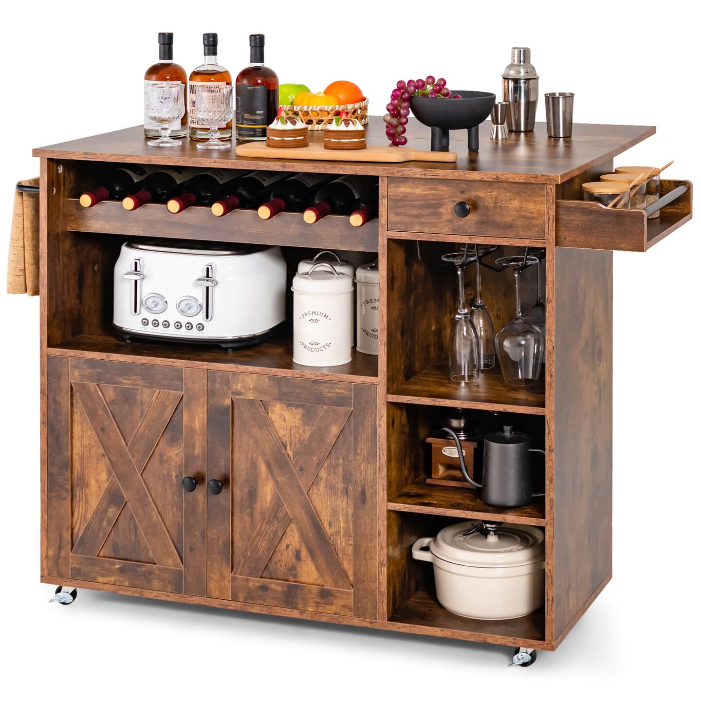 Costway Rolling Kitchen Island Cart with Drop Leaf Wine Rack Stemware Holder Rustic Brown