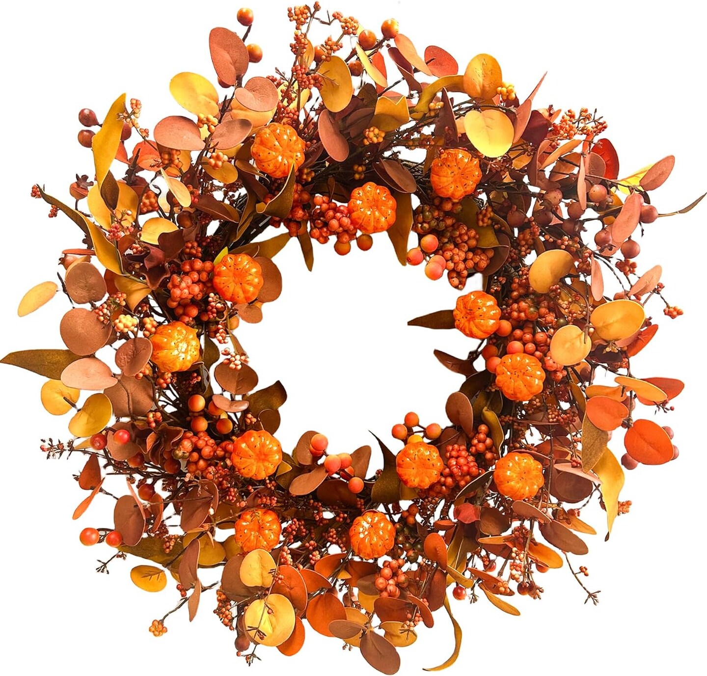 22 Inch Fall Wreath Artificial Pumpkin Wreaths for Front Door Autumn Door Wreath with Orange Eucalyptus Leaves Berries for Turkey Day Harvest Festival Indoor Outdoor Celebration